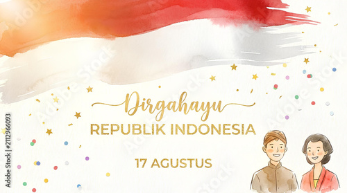 Indonesian Independence Day greeting with illustrated couple.