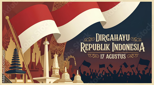 Indonesian Independence Day illustration with flags and national landmarks