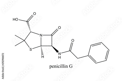 фотографія Chemical structure of Penicillin G (benzylpenicillin), a natural beta-lactam antibiotic used to treat susceptible bacterial infections