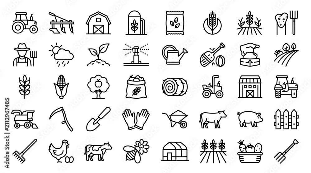 Fototapeta premium Farm Icons Set: Agriculture and Rural Life