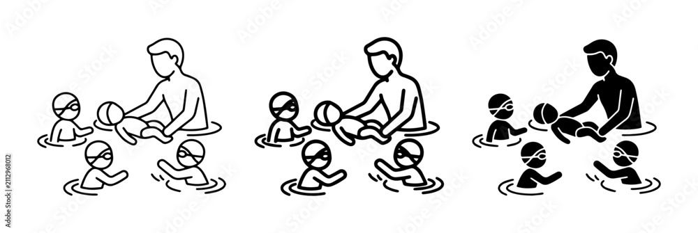 Obraz premium Swimming Instructor Teaching Children, Water Safety Icons, Pool Activity