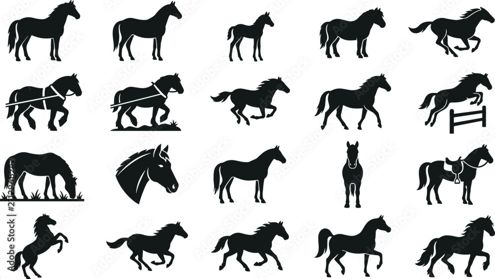 Fototapeta premium Horse Silhouette Icon Set with Running Jumping Rearing Grazing and Harness Poses for Equestrian Sports and Farm Graphic Designs