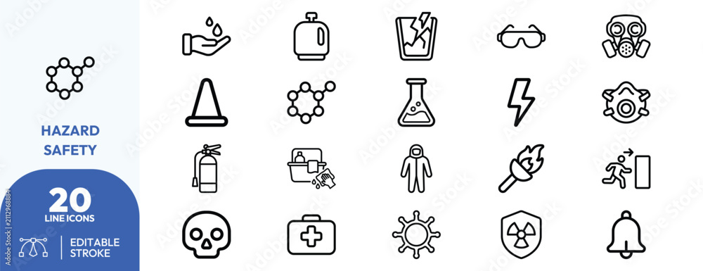 Naklejka premium Hazard safety set. protective gear, chemical containers, emergency symbols, respirator, fire extinguisher. Editable stroke. Vector illustration. Editable stroke. Vector illustration.