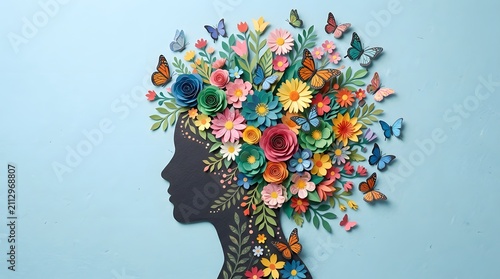 Woman silhouette with flowers and insects