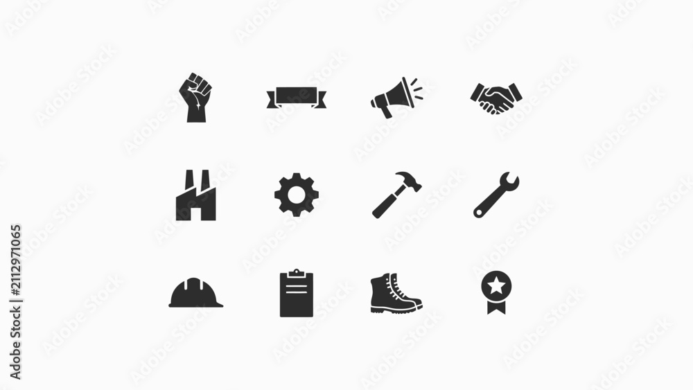 Fototapeta premium Twelve minimalist icons representing labor teamwork with professional tools arranged neatly neutral background flat style icons symbolizing labor