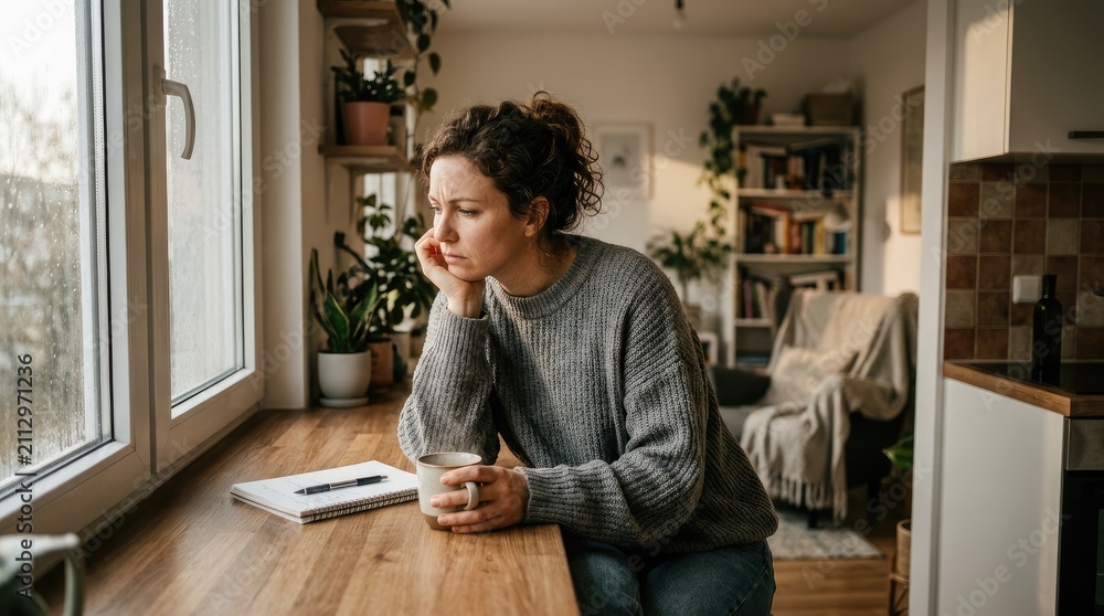 Fototapeta premium A woman sits pensively at a wooden table by a window, holding a mug. She is looking out at the rainy cityscape.