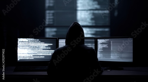 hacker sitting at desk with multiple monitors showing code and cyber attack interface