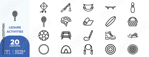 Recreation Activity set. kites, fishing, hammock, skateboard, bowling, paddle, surfboard, tennis, campfire, hiking. Editable stroke. Vector illustration.