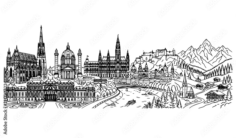 Fototapeta premium Austria Travel Panorama Outline Vector Illustration with City Architecture