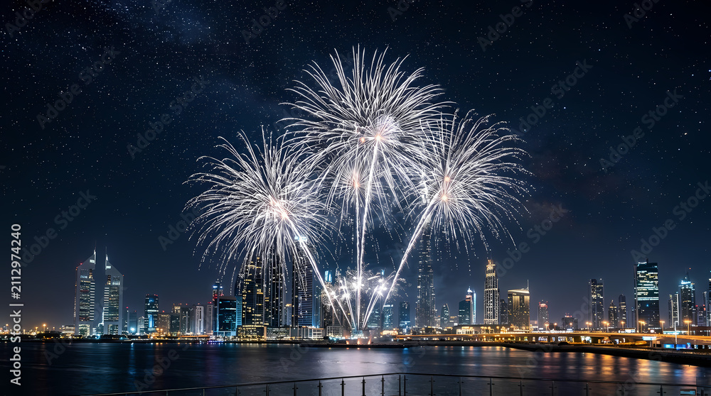 Fototapeta premium Bright fireworks exploding over city skyline at night with water reflection