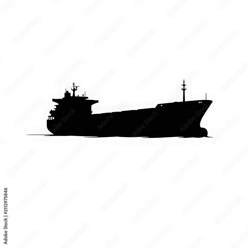 Fototapeta premium Large cargo ship sailing on calm sea in silhouette against clear sky at dusk