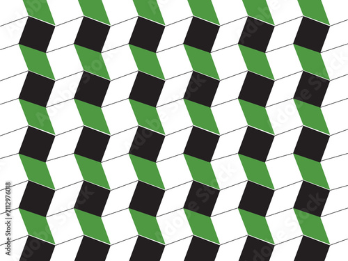Modern seamless geometric pattern featuring cube-inspired optical illusion shapes in green, black and white colors. Clean repeating abstract design with a structured layout, perfect for wallpaper.
