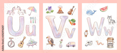 Cute Watercolor English Alphabet Flashcards for Letters U, V, and W with Cute Animal and Object Illustrations