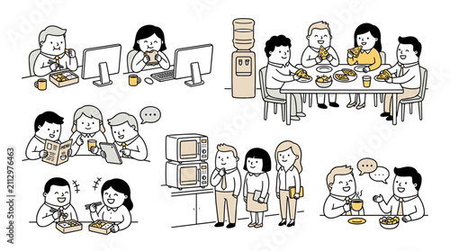 various scenes of people interacting in casual settings, office, and social gatherings, minimalist line drawings with beige accents