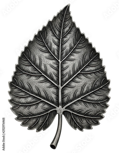 Vintage silver metallic leaf with engraved texture on a transparent background