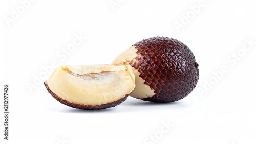 Fresh snake fruit salak with peeled segment isolated on white