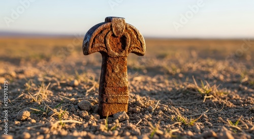 Ancient Celtic cross artifact standing in arid earth with golden hour sunlight on blurred background