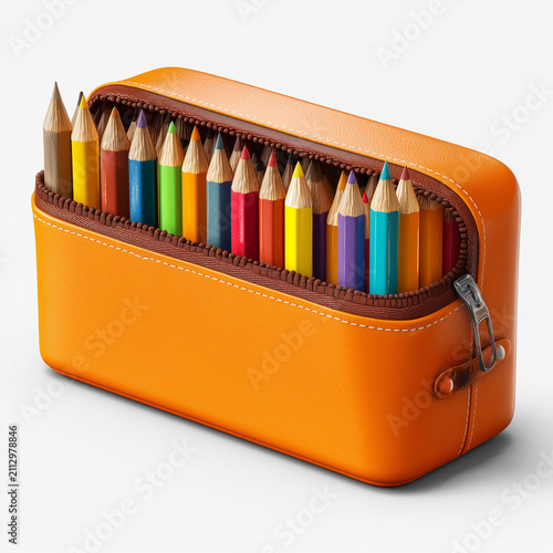 Orange pencil case with colored pencils. School stationery supplies isolated on white.
