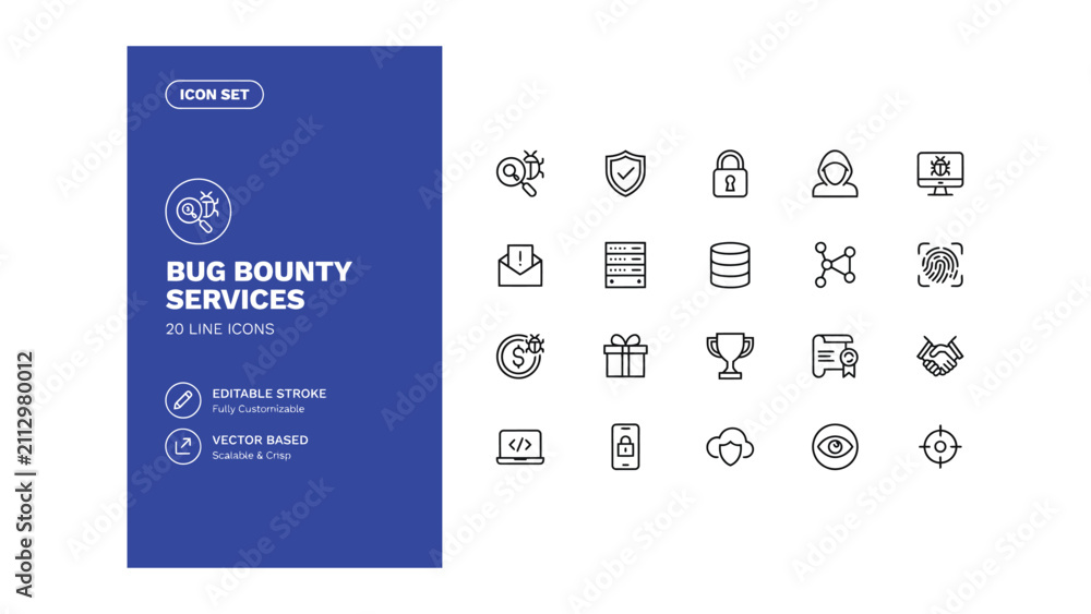 Obraz premium Set of twenty line icons for bug bounty and cybersecurity services