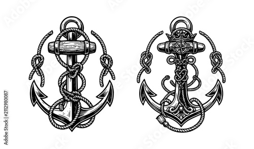 Fotografie Title: Vintage Maritime Anchors with Ornamental Rope Details Black and White Vec