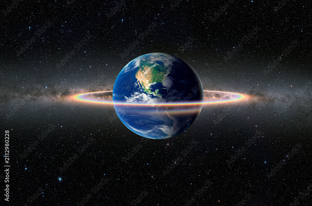 Fototapeta premium Day and Night concept - Rainbow surrounds the Planet Earth with Milky Way galaxy in the background 