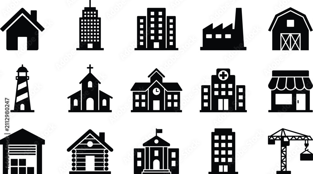 Obraz premium Building Icons Set Collection with House School Hospital Factory Store and Urban Architecture