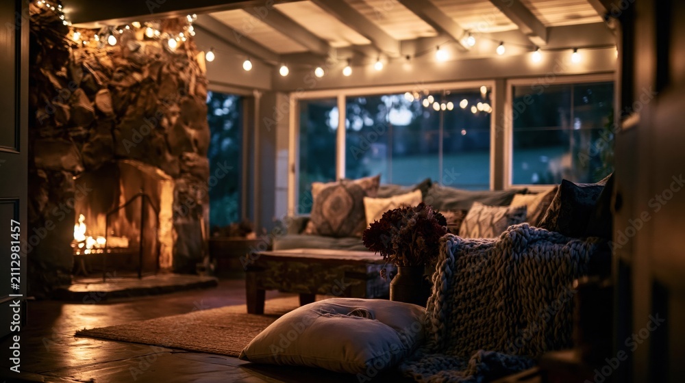 Obraz premium Rugged stone fireplace with a glowing fire in a cozy country living room with string lights and plush furniture for home life and winter comfort