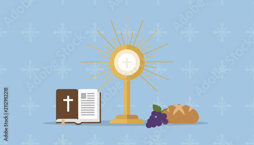 Sacred Catholic symbols depicting a golden monstrance with a holy host next to an open Bible, a loaf of bread, and a bunch of blue grapes.