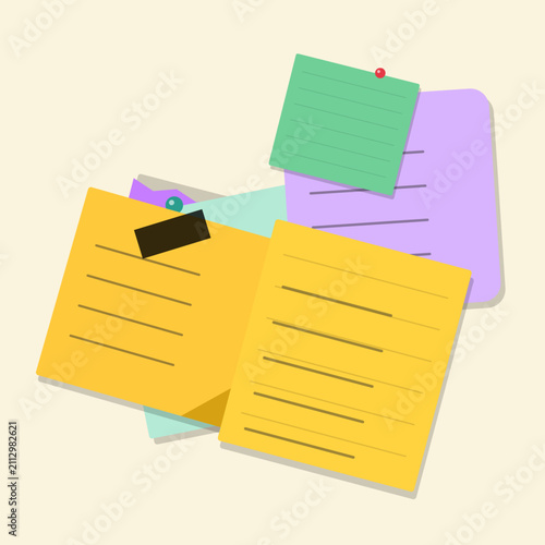Layered colorful sticky notes with pins and tape reminder stationery planning organizer document supplies