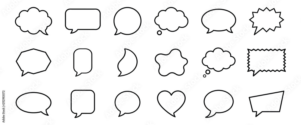 Fototapeta premium Linear chat bubble collection with comic balloons thought clouds and message icons. Linear speech bubbles vector set 