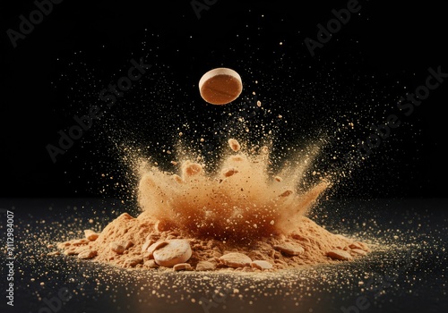 Explosion of powder and small round objects against a black background
