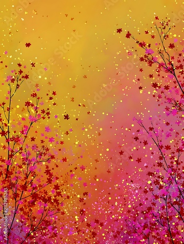 Vibrant pink and yellow abstract floral background, with falling red, and pink petals keywords