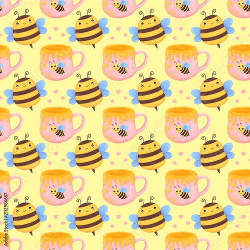 Cute bee and honey mug seamless pattern digital illustration background