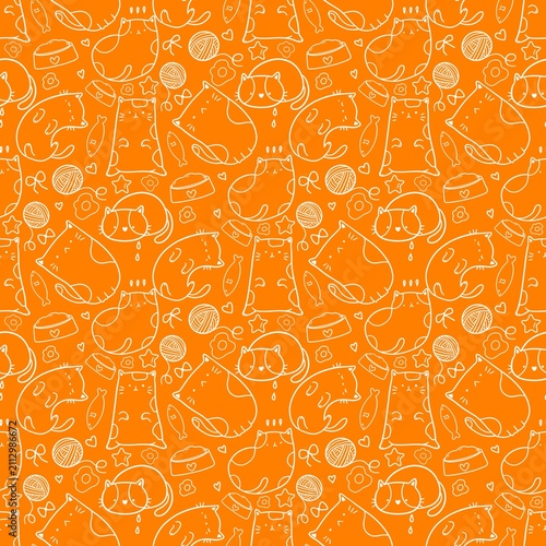 Cute cat doodle orange seamless pattern digital background illustration