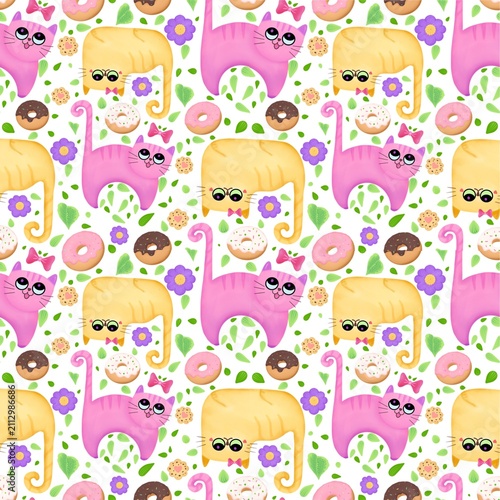 Cute cats and sweet donuts seamless pattern digital illustration background
