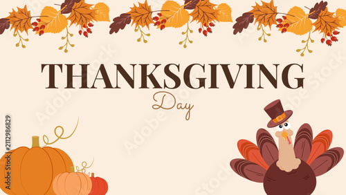 Cute turkey autumn leaves and wreath Thanksgiving invitation template. for greeting card party invite print and web design, vector illustration.