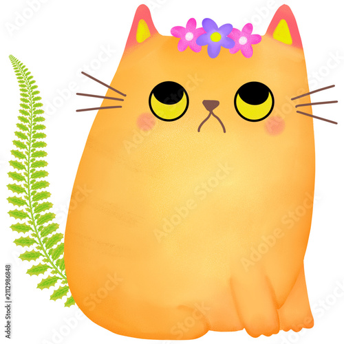 Cute orange cat with flower crown and fern tail isolated digital illustration