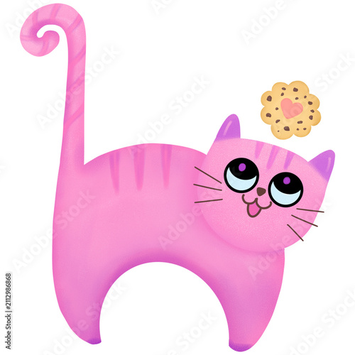 Cute pink cat with chocolate chip cookie isolated digital illustration