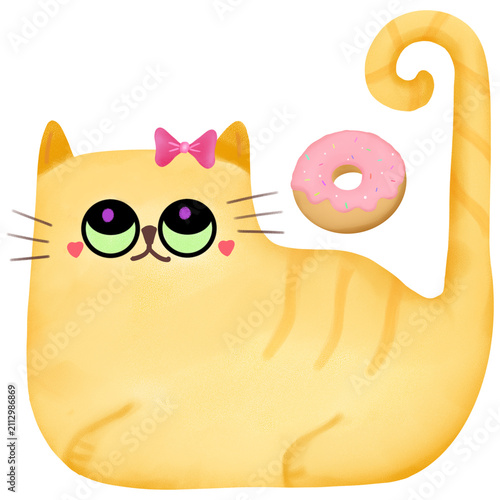 Cute orange cat with pink bow and sweet donut isolated digital illustration