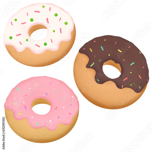 Sweet donuts set with colorful glaze and sprinkles isolated digital illustration