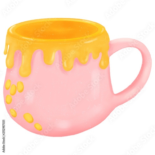 Cute pink mug with sweet honey dripping isolated digital background illustration