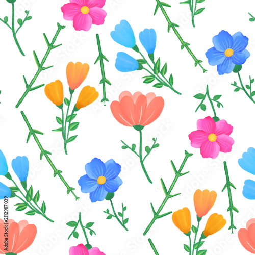 Colorful wildflower and green branch seamless pattern digital background illustration