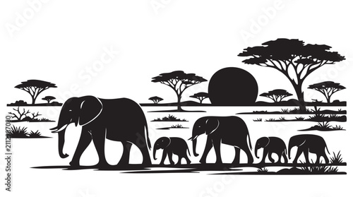 Photography African elephant herd silhouette vector illustration with acacia trees in savann