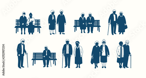 Senior Citizen Silhouette Vector Set Featuring Elderly Couples Walking and Sitting on Park Benches.