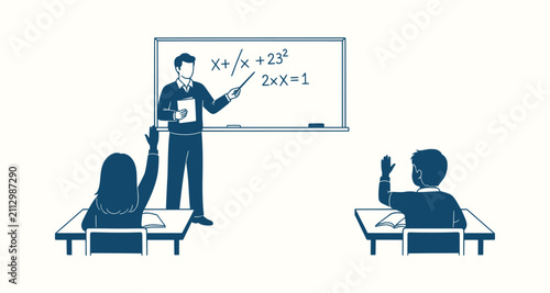 Male teacher teaching mathematics in a classroom with two students raising their hands illustration.