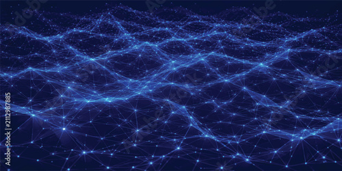 Quadro su tela Abstract Futuristic Blue Digital Network Mesh with Glowing Connected Nodes and A
