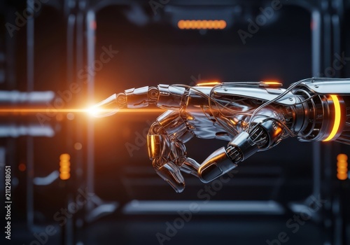 A futuristic robotic hand with a glowing orange laser beam emanating from its index finger in a dark, hightech environment