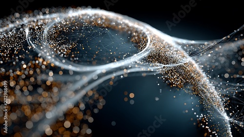 Abstract swirling lines of light particles and geometric network connections on dark background