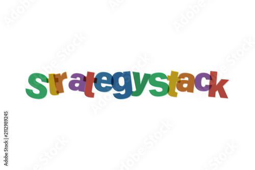 Colorful strategy stack text logo design isolated on a solid black background