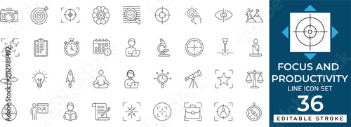 Focus and productivity line icon set with time, target, management, efficiency, concentration, motivation for editable stroke vector illustration
